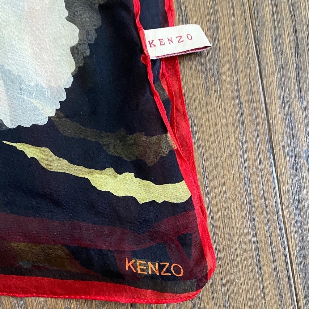 Authentic Kenzo Silk Black Scarf with Floral Design and Red Border - Picture 4 of 6